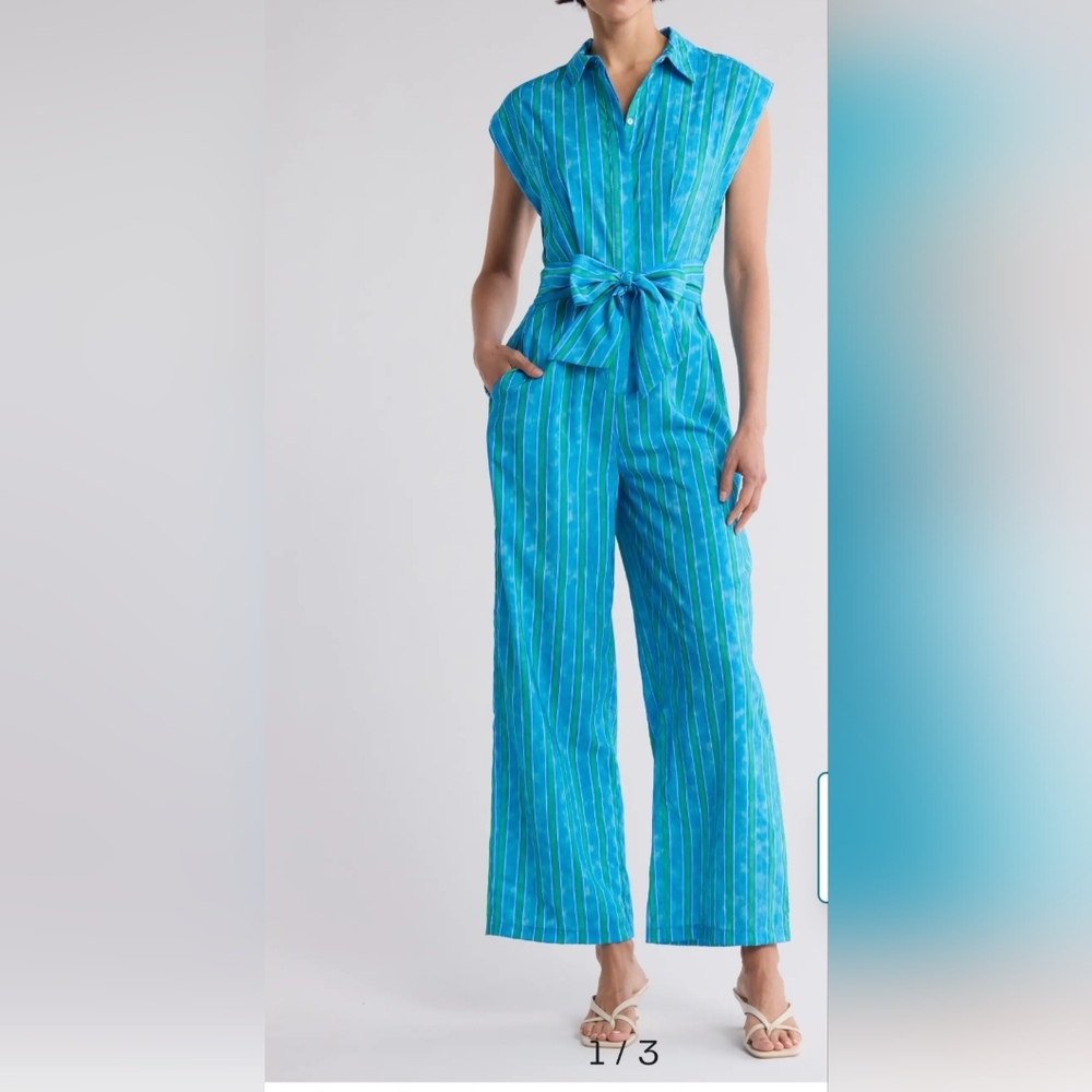 Striped Teal Wide-Leg Jumpsuit with Tie Waist NWT Orig 195